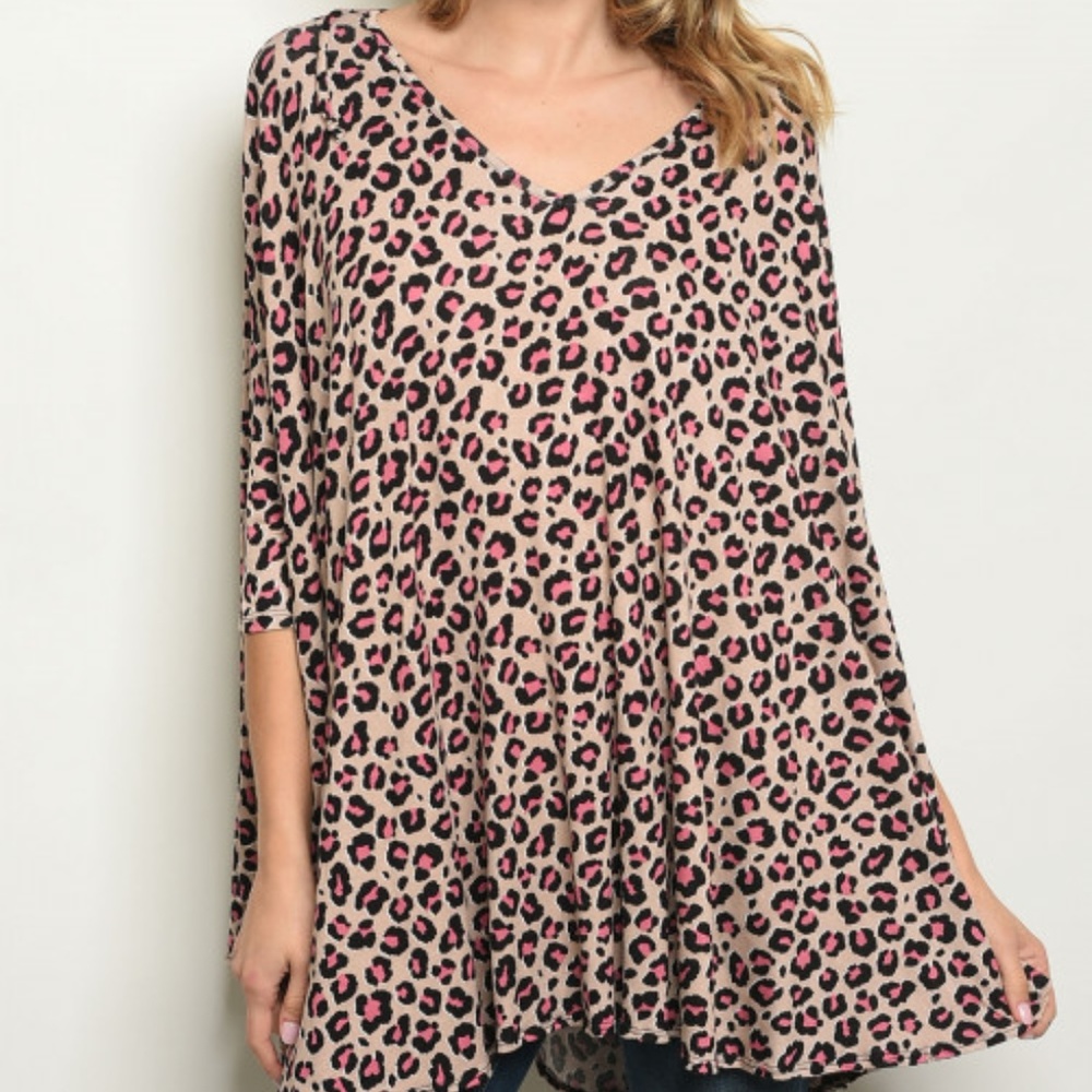 TAUPE PINK & BLACK LEOPARD PRINT TUNIC TOP - Picture 2 of 6